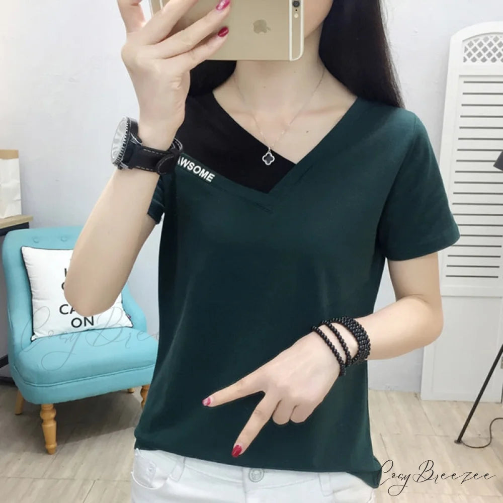 Tshirt Blouse V-Neck Warm-Season Cotton Fashion Shoulder Arm Tee Korea Brief Off Femme
