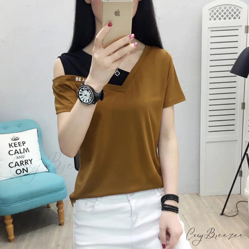 Tshirt Blouse V-Neck Warm-Season Cotton Fashion Shoulder Arm Tee Korea Brief Off Femme