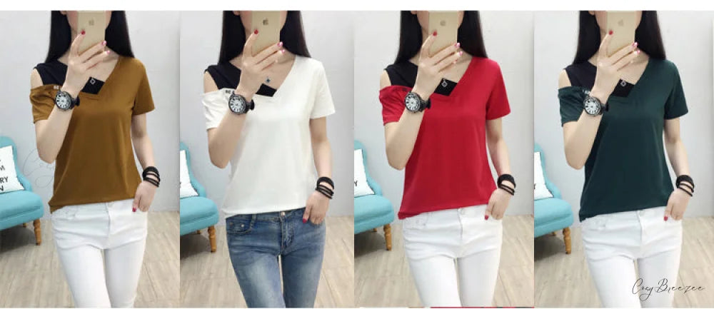 Tshirt Blouse V-Neck Warm-Season Cotton Fashion Shoulder Arm Tee Korea Brief Off Femme