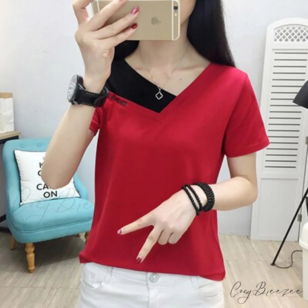 Tshirt Blouse V-Neck Warm-Season Cotton Fashion Shoulder Arm Tee Korea Brief Off Femme red t shirt / M
