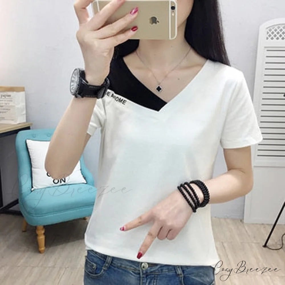 Tshirt Blouse V-Neck Warm-Season Cotton Fashion Shoulder Arm Tee Korea Brief Off Femme white t shirt / M
