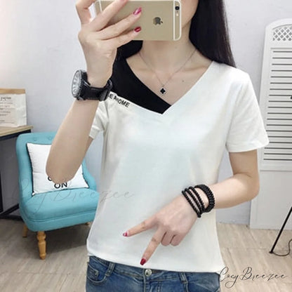 Tshirt Blouse V-Neck Warm-Season Cotton Fashion Shoulder Arm Tee Korea Brief Off Femme white t shirt / M