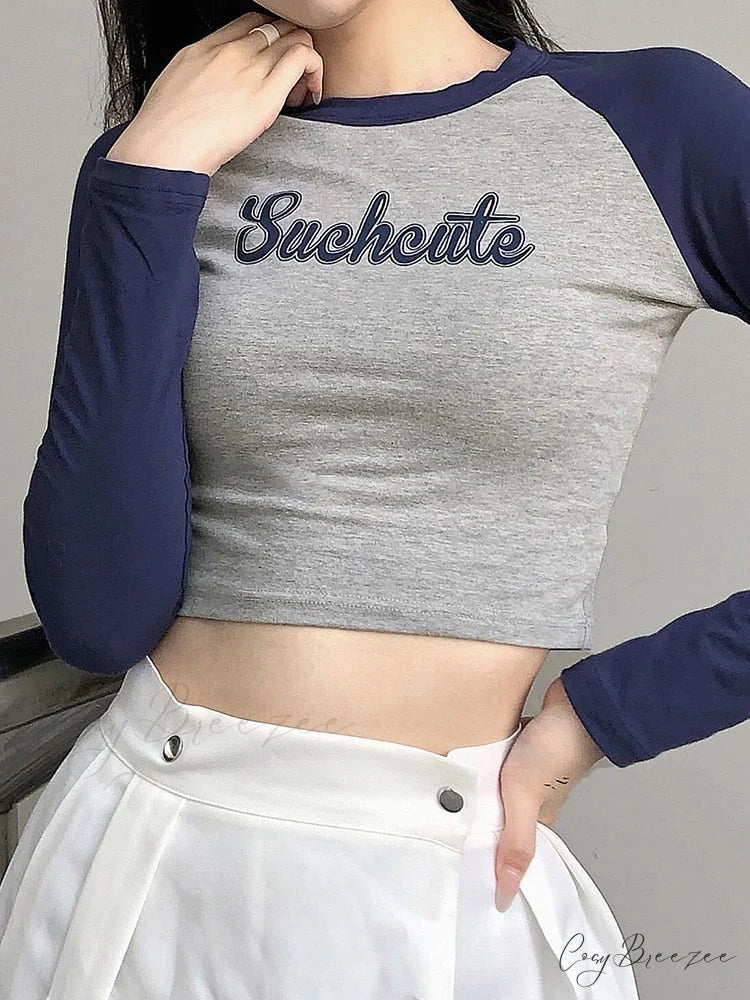 Tshirt Skinny Arm T-shirt Letter Design Long Casual Cotton Women Cropped Streetwear
