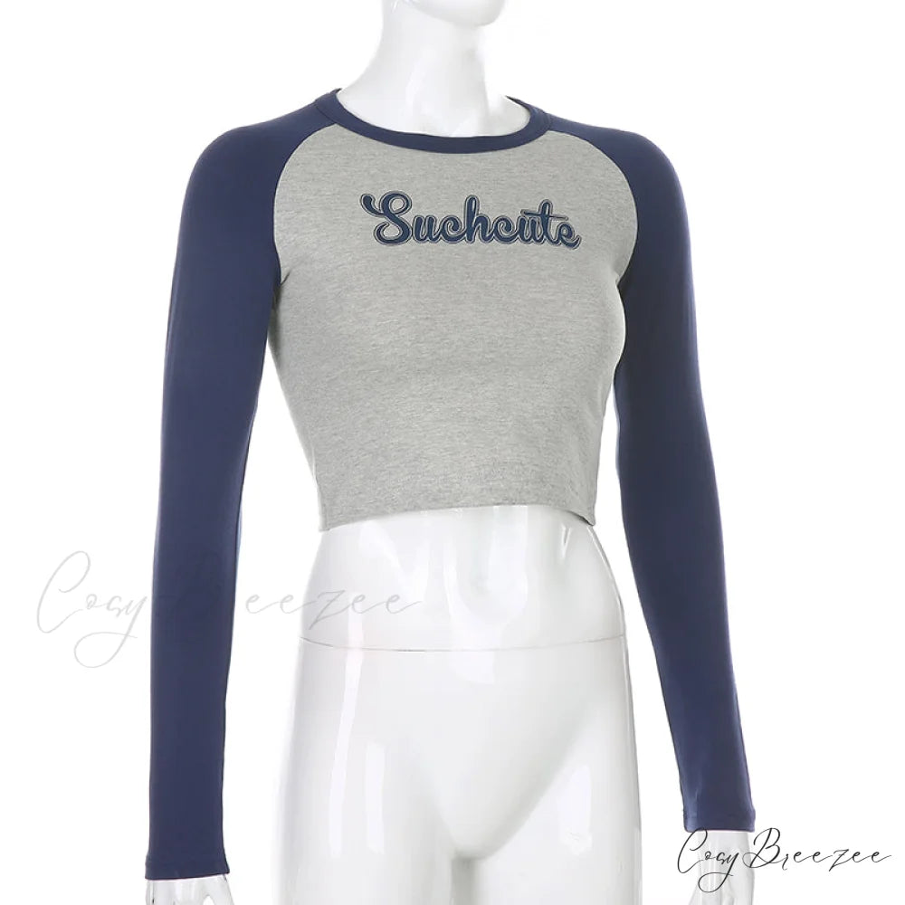 Tshirt Skinny Arm T-shirt Letter Design Long Casual Cotton Women Cropped Streetwear