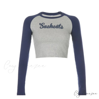Tshirt Skinny Arm T-shirt Letter Design Long Casual Cotton Women Cropped Streetwear Gray / S
