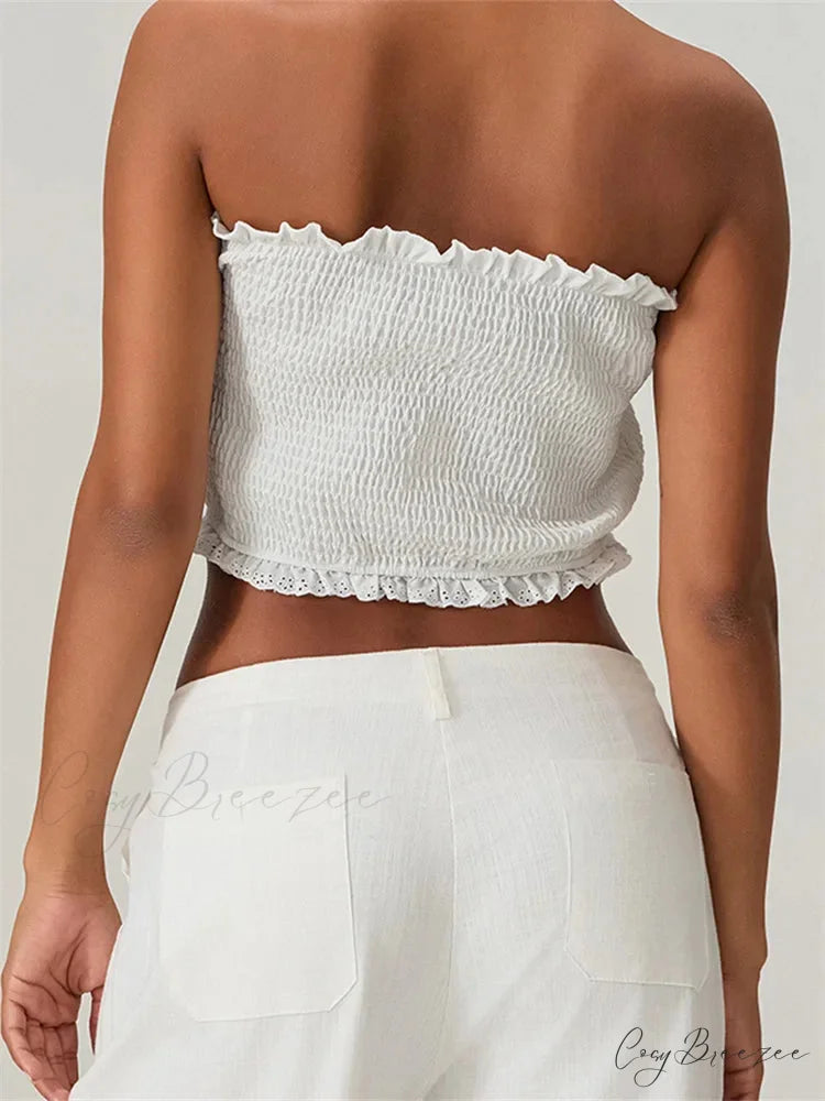 Tube Bow Lace Trim Ruched Plaid Crop Top croptop-250126