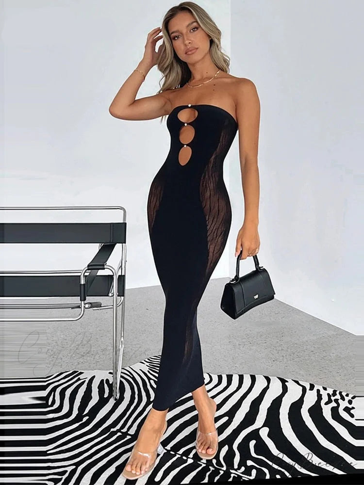 Tube Sexy Women’s - Out Knee-Length Strapless Black Sleeveless Lace Gown Hollow Warm-Season Hole Skinny Party Backless
