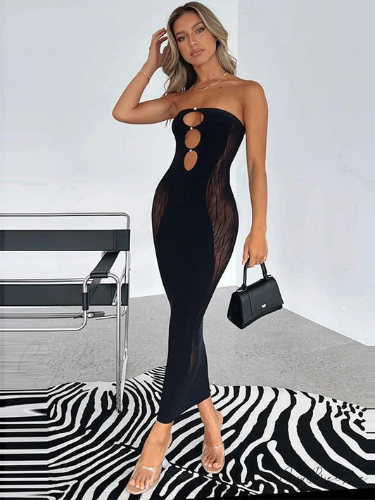 Tube Sexy Women’s - Out Knee-Length Strapless Black Sleeveless Lace Gown Hollow Warm-Season Hole Skinny Party Backless