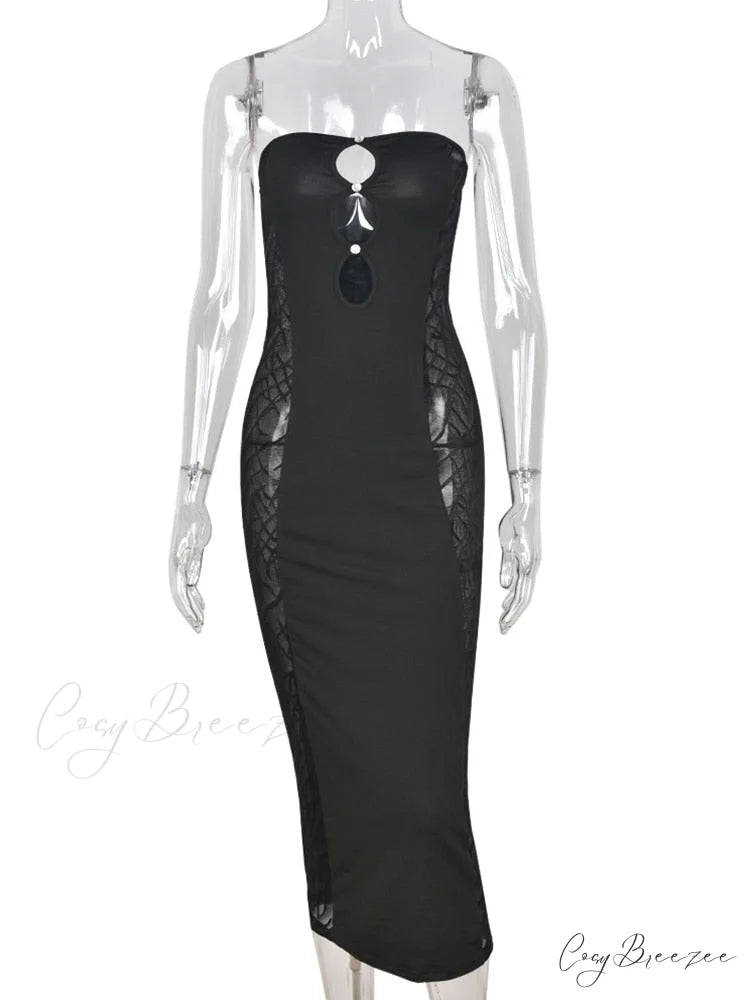 Tube Sexy Women’s - Out Knee-Length Strapless Black Sleeveless Lace Gown Hollow Warm-Season Hole Skinny Party Backless