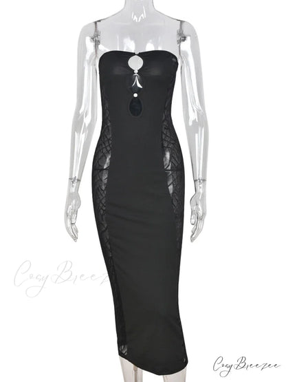 Tube Sexy Women’s - Out Knee-Length Strapless Black Sleeveless Lace Gown Hollow Warm-Season Hole Skinny Party Backless