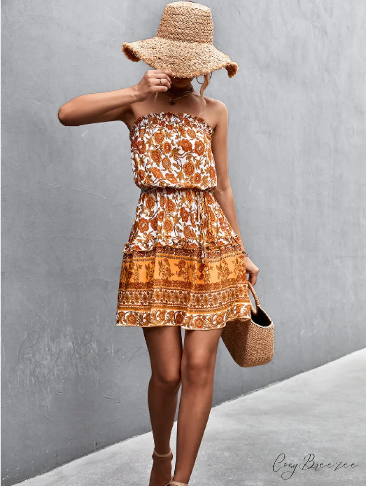 Tube Top Flowered Dress M / orange