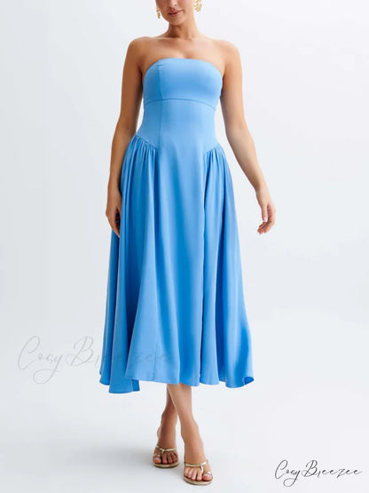 Tube Top Stylish Pleated Midi Dress Blue / S