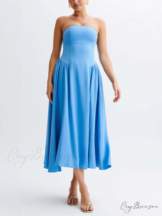 Tube Top Stylish Pleated Midi Dress Blue / S