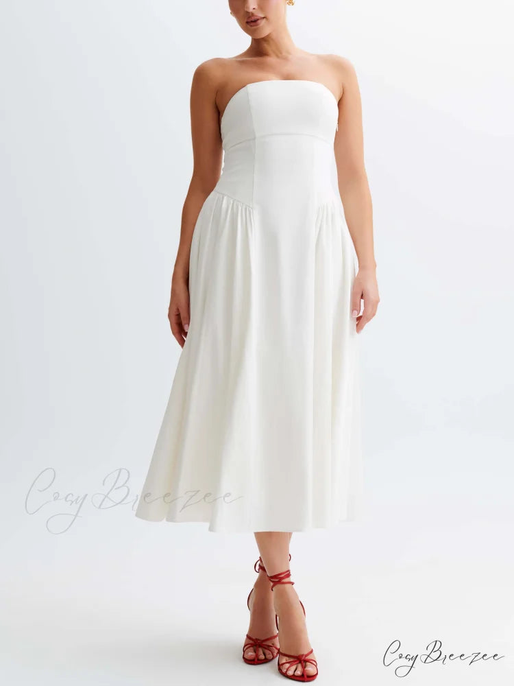 Tube Top Stylish Pleated Midi Dress White / S