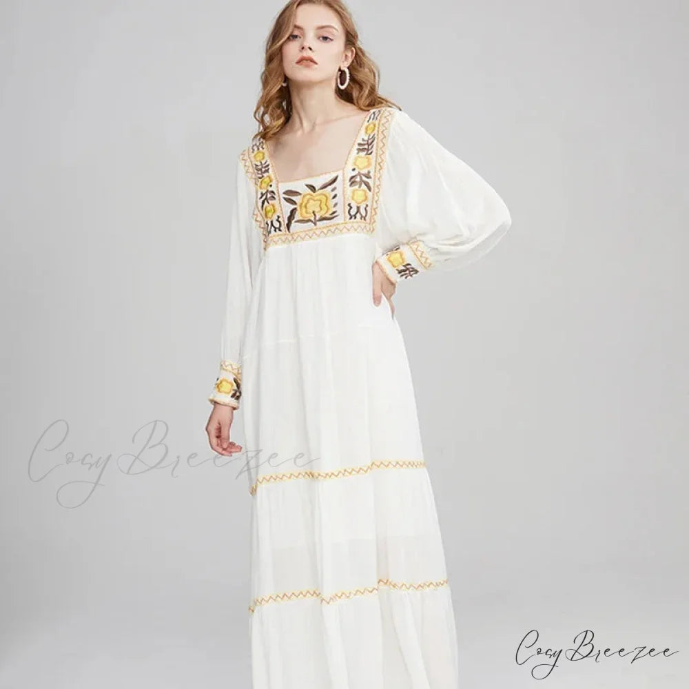 Tunic Dress Cotton Rayon Floral Embroidery Beige / One Size bohodress-250126