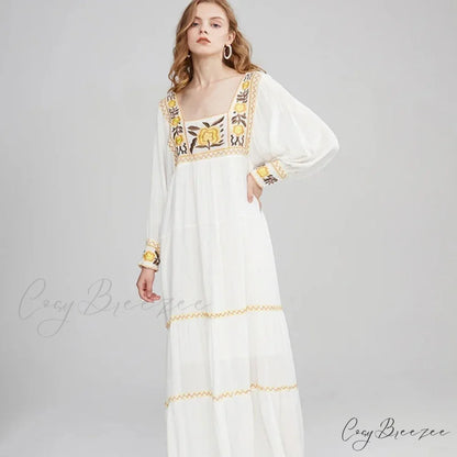 Tunic Dress Cotton Rayon Floral Embroidery Beige / One Size bohodress-250126