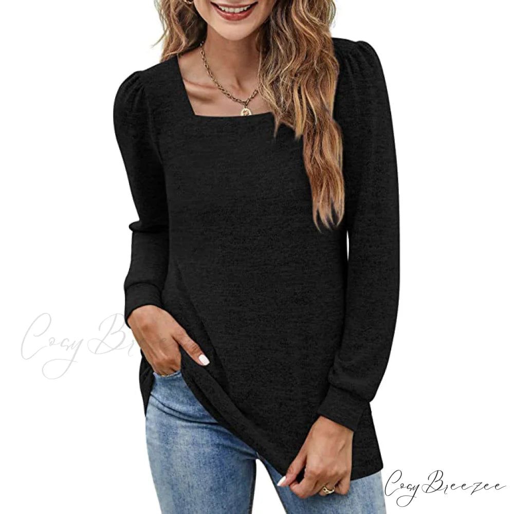 Tunic Neck Puff Women’s Boxy Arm Top Black / S
