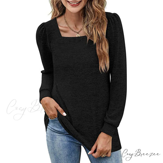 Tunic Neck Puff Women’s Boxy Arm Top Black / S