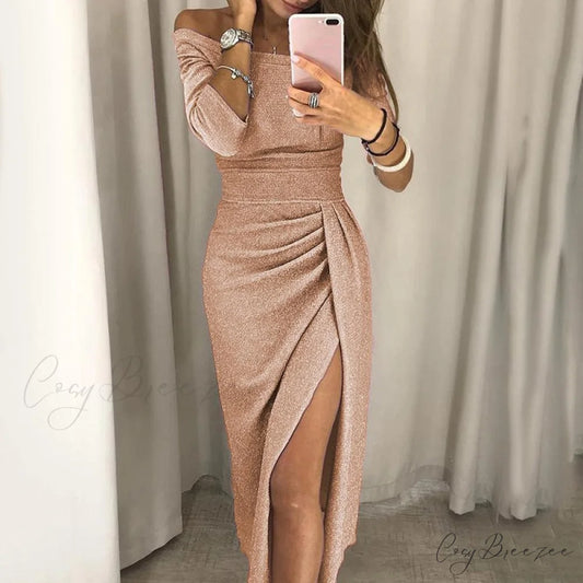 Tunic Waist Evening Women’s Gown Club Elegant Off Solid High Shoulder Party Vestidos