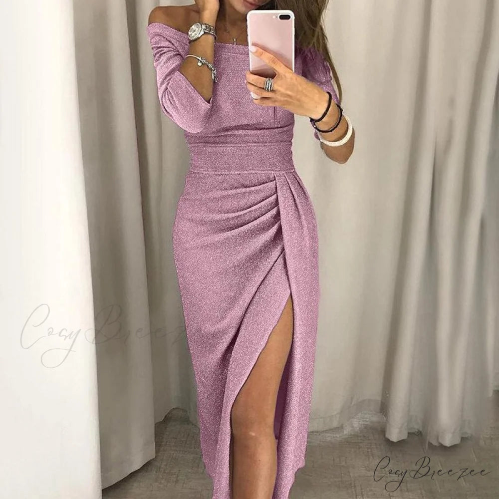 Tunic Waist Evening Women’s Gown Club Elegant Off Solid High Shoulder Party Vestidos