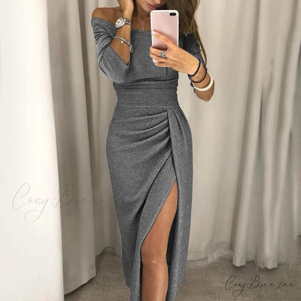 Tunic Waist Evening Women’s Gown Club Elegant Off Solid High Shoulder Party Vestidos