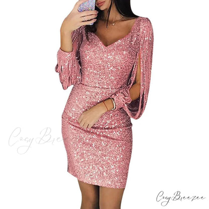 Tunic Waist Evening Women’s Gown Club Elegant Off Solid High Shoulder Party Vestidos pink1 / S
