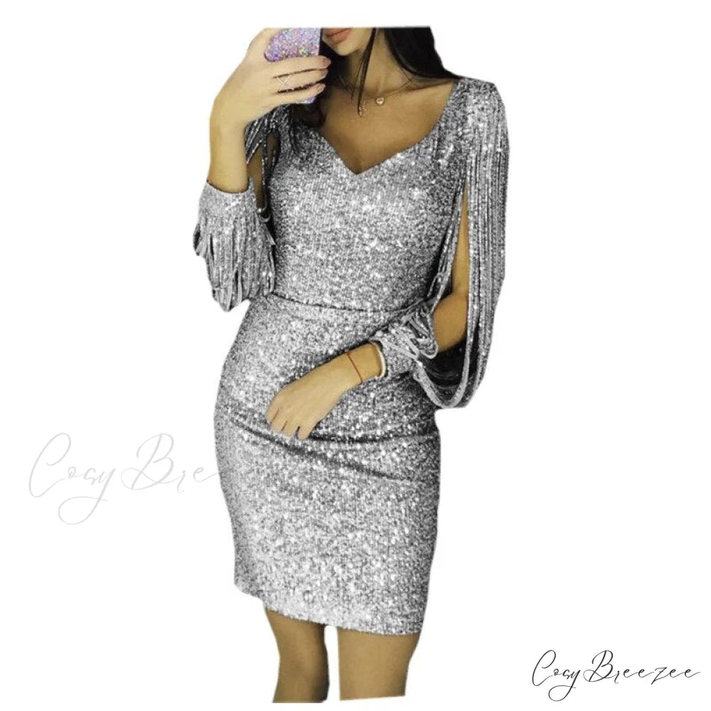 Tunic Waist Evening Women’s Gown Club Elegant Off Solid High Shoulder Party Vestidos silver4 / S