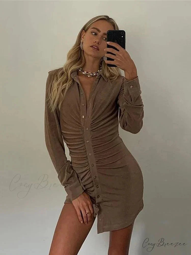 Turn-Down Collar Button Mini Dress Coffee / S minidress-250223