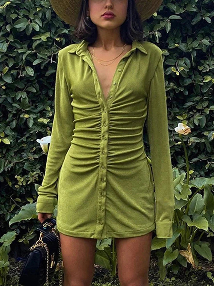 Turn-Down Collar Button Mini Dress minidress-250223