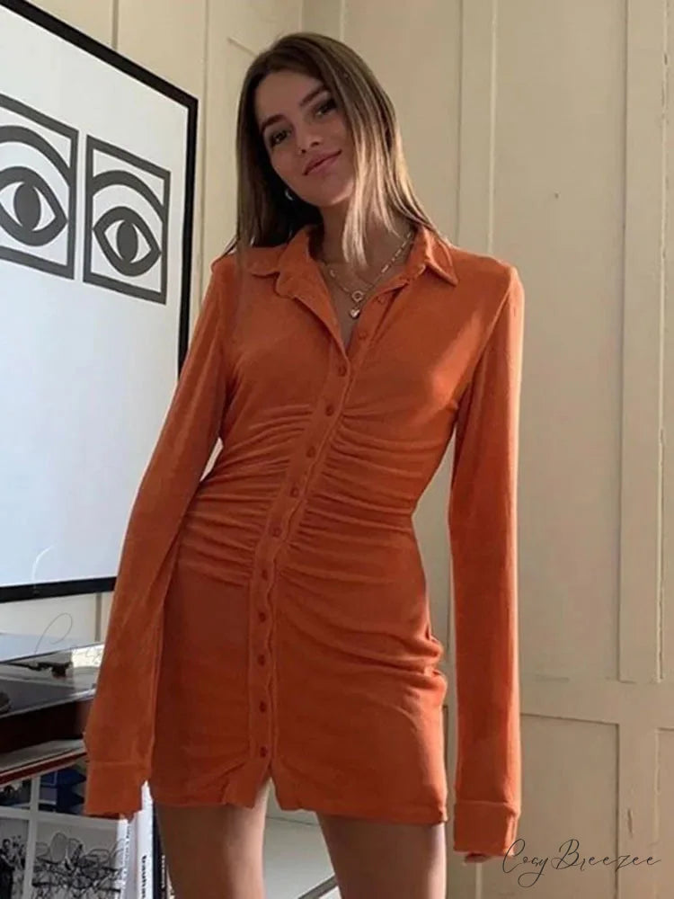 Turn-Down Collar Button Mini Dress Orange / S minidress-250223