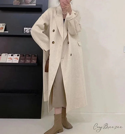 Turn-Down Collar Cashmere Wool Coat Beige / S overcoats-241228