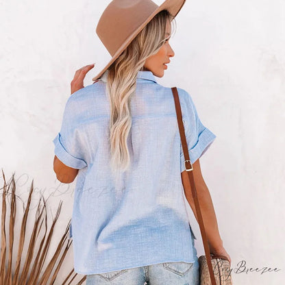 Turn Down Collar Cotton Linen Summer Crop Top blouse-250126