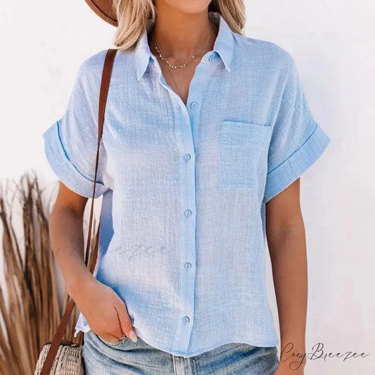 Turn Down Collar Cotton Linen Summer Crop Top blouse-250126