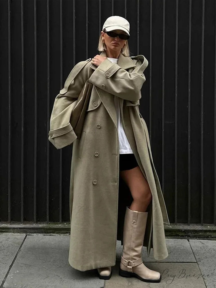 Turn-Down Collar Lace-Up Loose Coat Green / S overcoats-241228