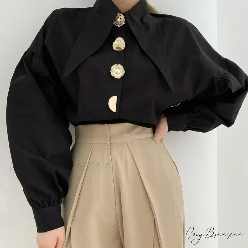 Turn Down Collar Long Sleeve Comfortable Autumn Crop Top Black / S blouse-250126