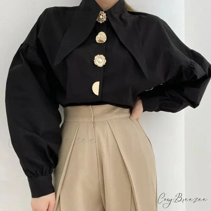 Turn Down Collar Long Sleeve Comfortable Autumn Crop Top Black / S blouse-250126
