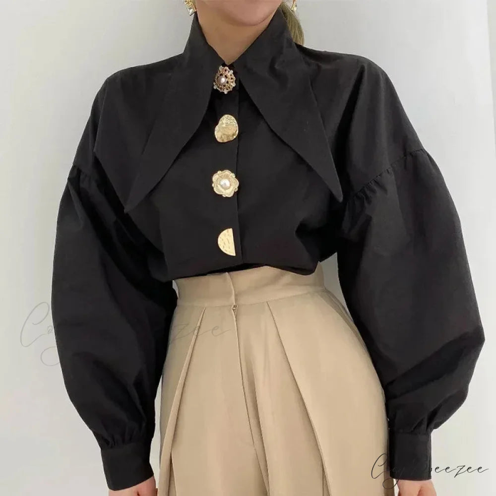 Turn Down Collar Long Sleeve Comfortable Autumn Crop Top blouse-250126