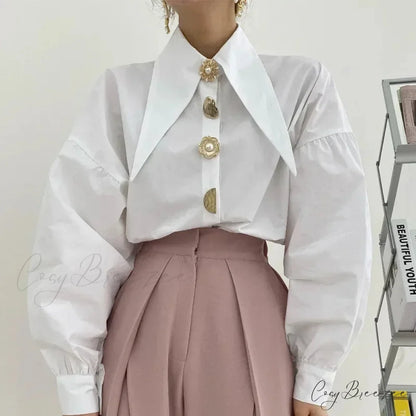 Turn Down Collar Long Sleeve Comfortable Autumn Crop Top blouse-250126