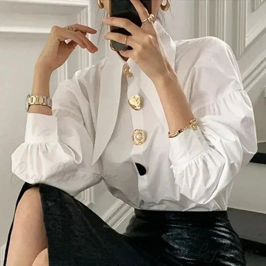Turn Down Collar Long Sleeve Comfortable Autumn Crop Top WHITE / S blouse-250126