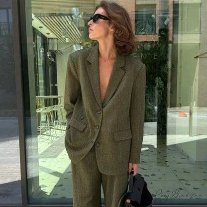 Turn-down Collar Loose Trousers Office Set green Coat / S officetwopieceset-250223
