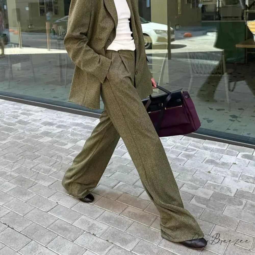 Turn-down Collar Loose Trousers Office Set green Pants / S officetwopieceset-250223