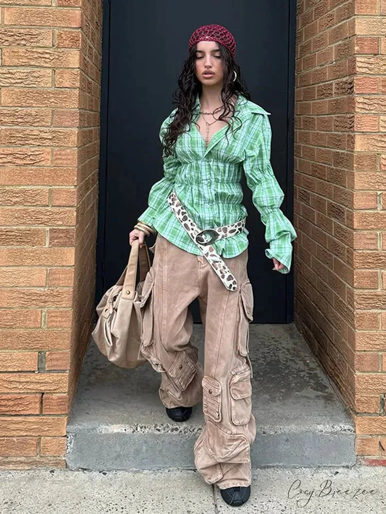 Turn-Down Collar Ruffle Shirt Green / S blouse-250223