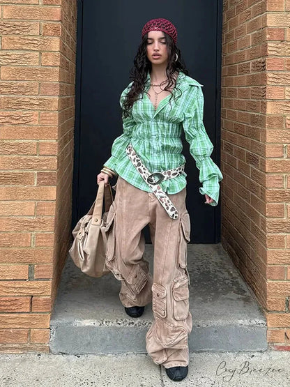 Turn-Down Collar Ruffle Shirt Green / S blouse-250223