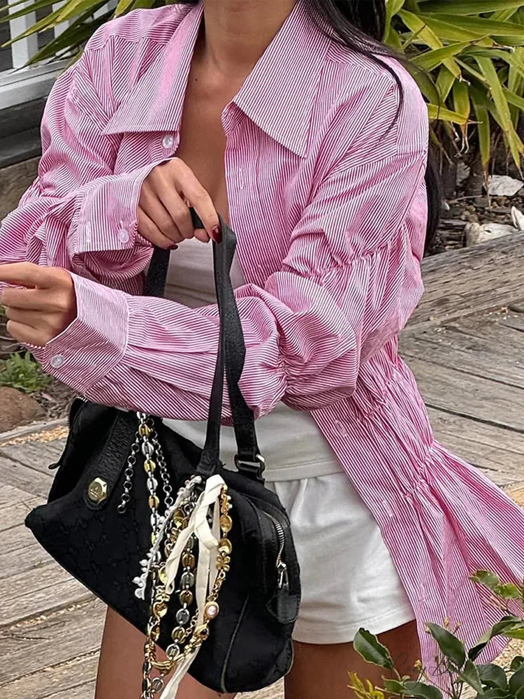 Turn-Down Collar Ruffle Shirt Pink / S blouse-250223
