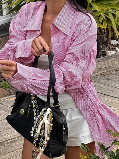 Turn-Down Collar Ruffle Shirt Pink / S blouse-250223