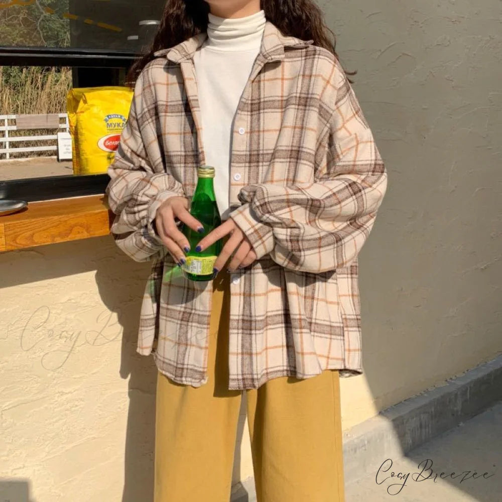 Turn-down Style Spring - Women’s Plaid Outwear Loose 4 Neckline Blouse Harajuku with Fit Batwing-sleeve - Colors