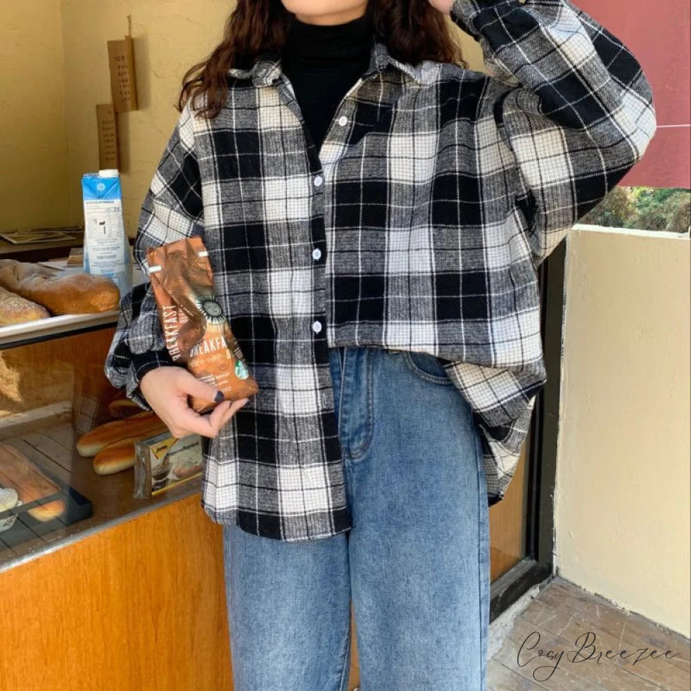 Turn-down Style Spring - Women’s Plaid Outwear Loose 4 Neckline Blouse Harajuku with Fit Batwing-sleeve - Colors
