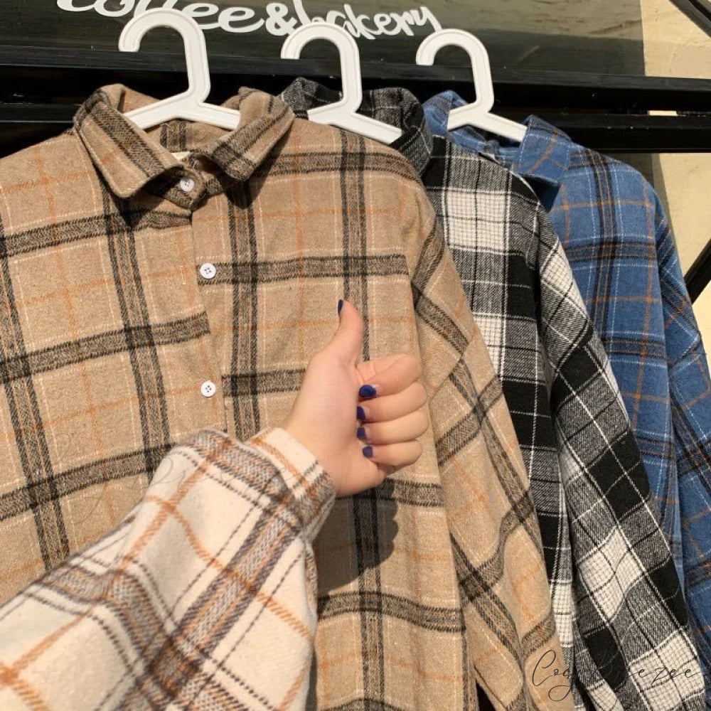 Turn-down Style Spring - Women’s Plaid Outwear Loose 4 Neckline Blouse Harajuku with Fit Batwing-sleeve - Colors