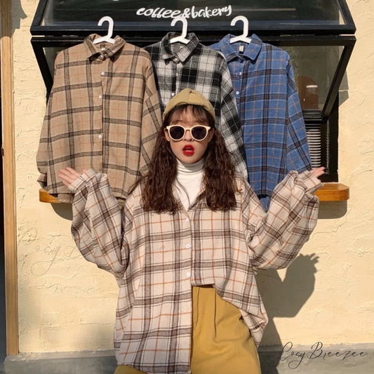 Turn-down Style Spring - Women’s Plaid Outwear Loose 4 Neckline Blouse Harajuku with Fit Batwing-sleeve - Colors