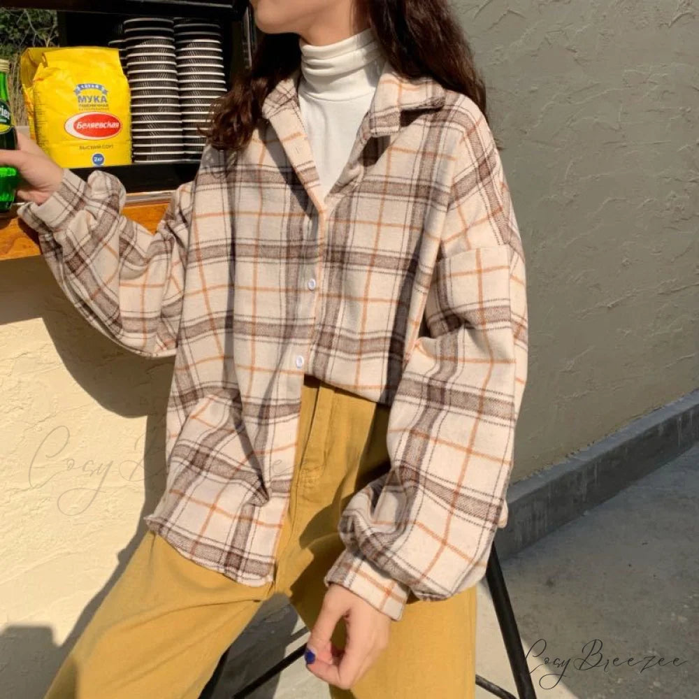 Turn-down Style Spring - Women’s Plaid Outwear Loose 4 Neckline Blouse Harajuku with Fit Batwing-sleeve - Colors